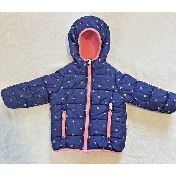 Carter's‎ Puffer Coat Blue with Pink Fleece Lining Hearts Pockets Size 18 Months - Picture 1 of 5